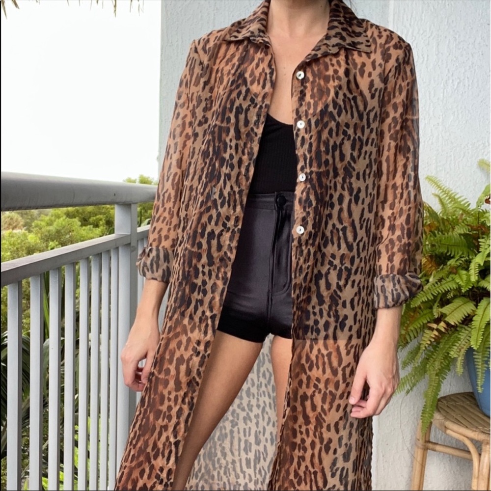 Robbie Bee Vintage Leopard Cheetah Sheer Maxi Shirt Jacket